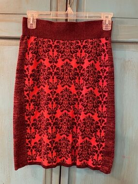 Anthropology Moth Red and Black Damask Knit Pencil Skirt